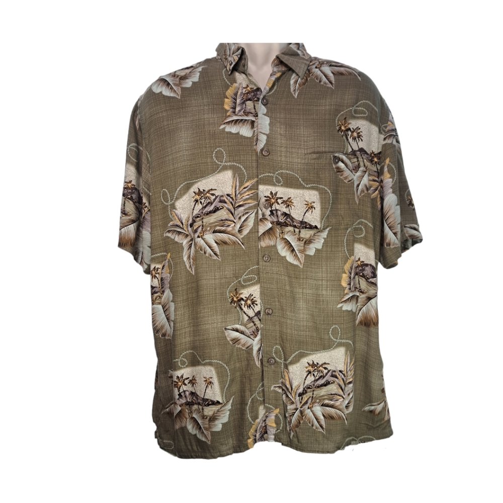 Campia Men's Shirt Hawaiian Post Cards Casual Button-Down Olive Size Large